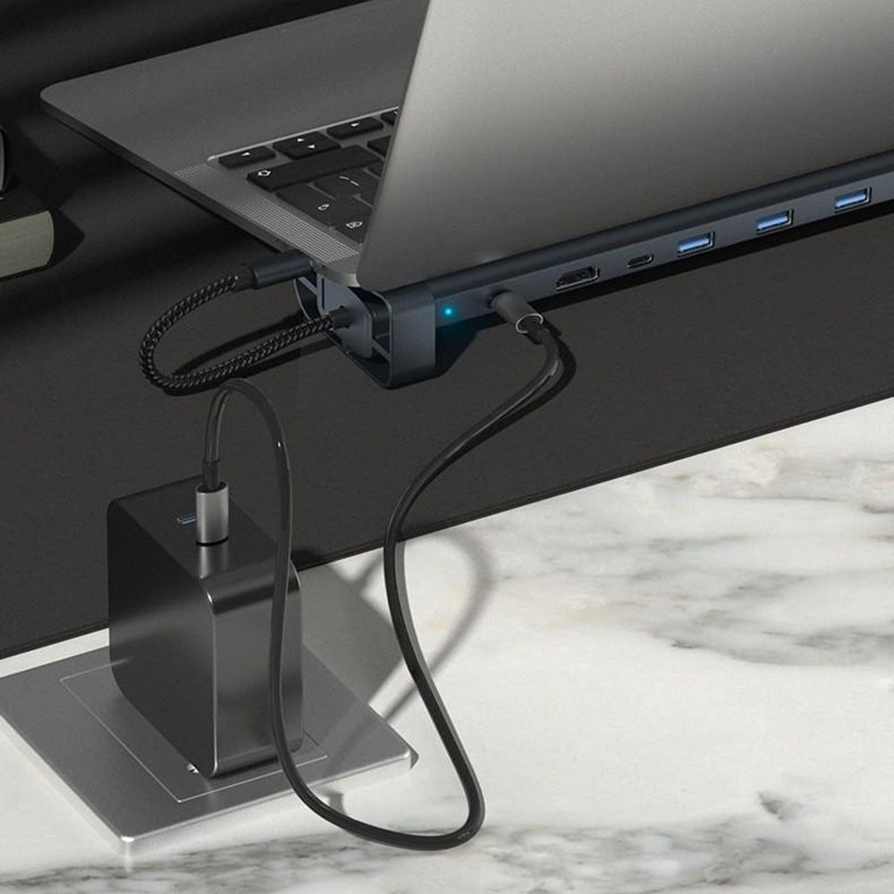 TC212 10 in 1 USB-C HD Docking Station Vertical Hub USB3.0 RJ45 Charging USB Type-C Hub for MacBook Laptop- Grey