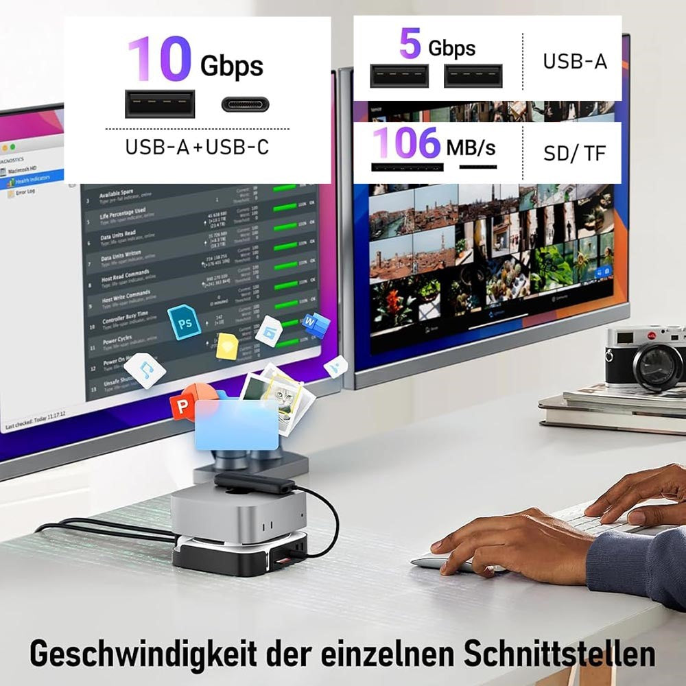 LEMORELE TC800 9-i-1 USB-C-hubb för Mac Mini M4/M4 Pro USB TF SD-kort 10 Gbps M.2 NVMe SSD-kortplats Dubbel 4K 60Hz expansionsdocka
