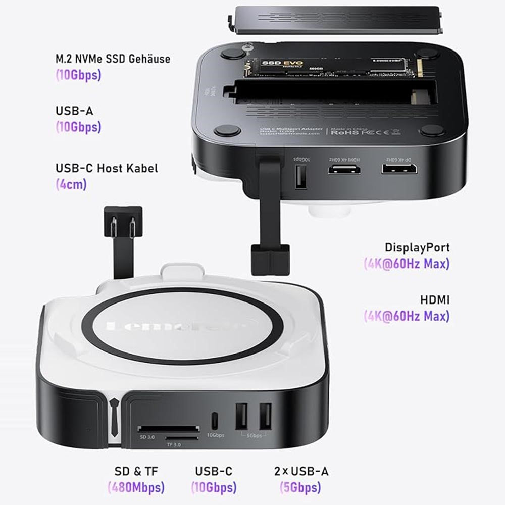 LEMORELE TC800 9-i-1 USB-C-hubb för Mac Mini M4/M4 Pro USB TF SD-kort 10 Gbps M.2 NVMe SSD-kortplats Dubbel 4K 60Hz expansionsdocka