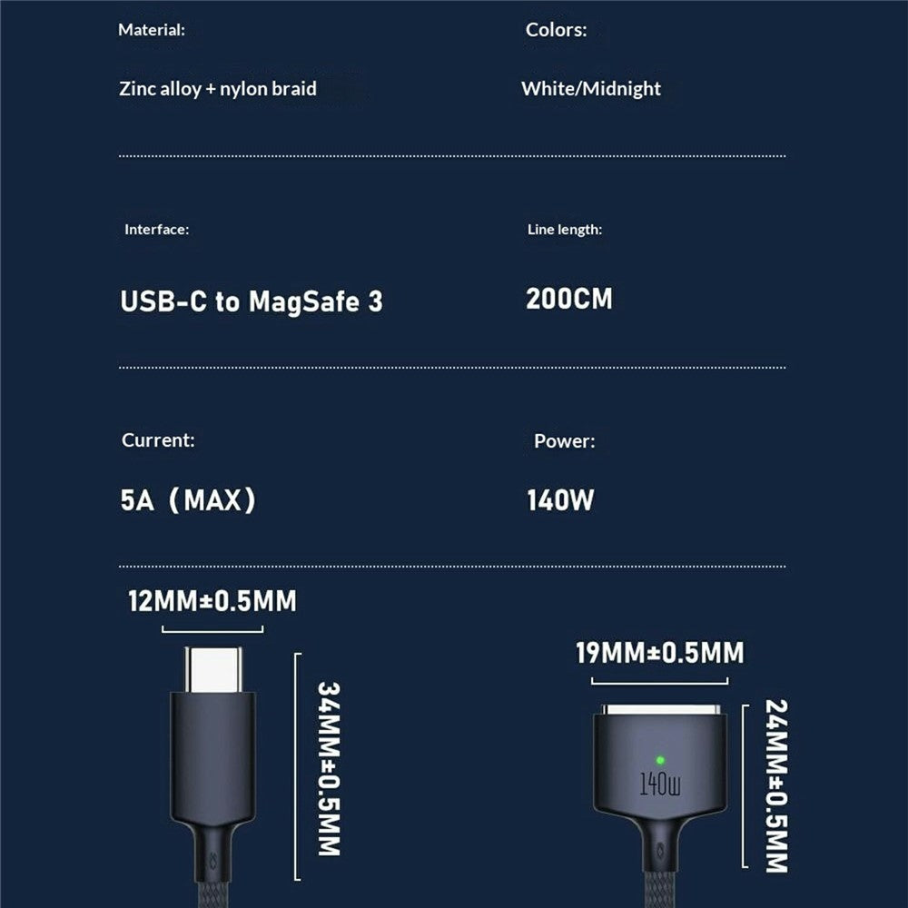 D039 2m USB-C to Compatible with MagSafe 3 Nylon Braided 140W PD Fast Charging Cable for MacBook Pro 16 Inch