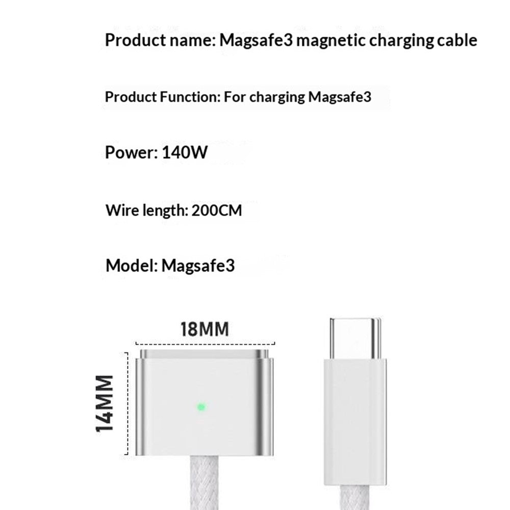 D038 2m USB-C till kompatibel med MagSafe 3 laddningskabel 140W PD snabbladdningskabel för MacBook Pro 14/16 tum/Air M2/M3