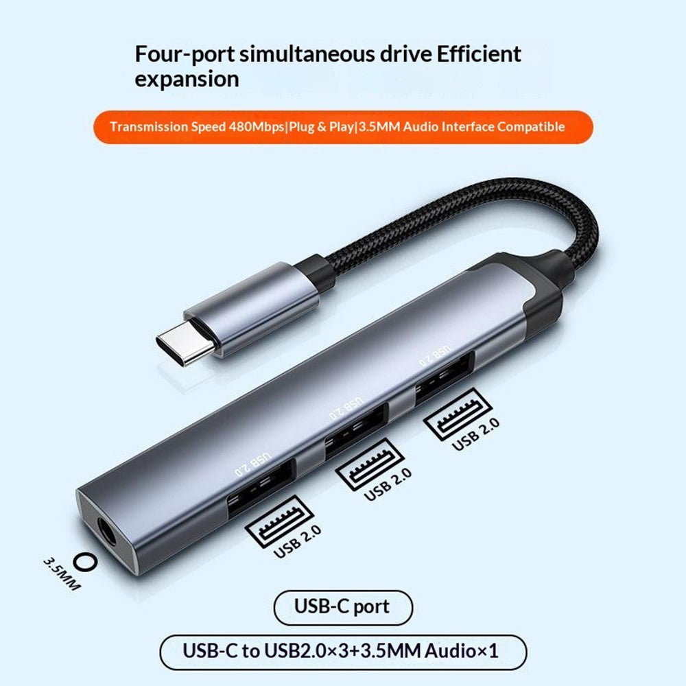 LDNIO DS-104C USB-C Hub Adapter 3 USB 2.0 Port+3.5mm Audio Interface 4-in-1 Expansion Dock for Laptop Tablet