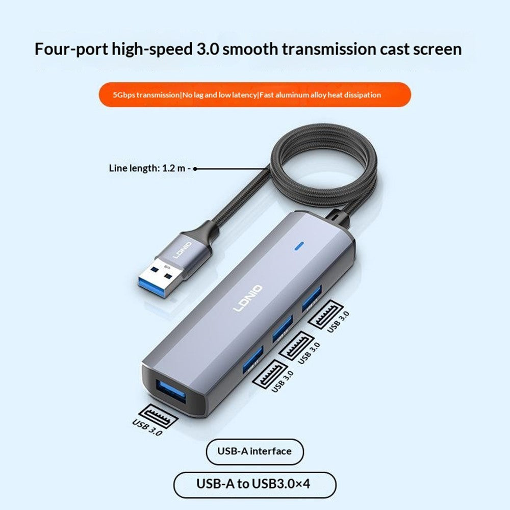 LDNIO DS-114U-1.2M USB-A to 4xUSB3.0 Hub Adapter 5Gbps High Speed Expansion Dock with 1.2m Cable for Laptop PC