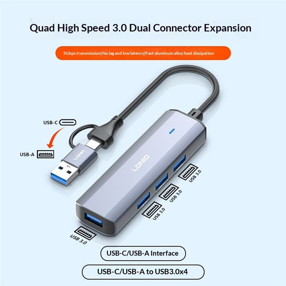 LDNIO DS-114UC USB-A + Type-C to 4-Port USB3.0 Hub 5Gbps High Speed Splitter Adapter for Laptop