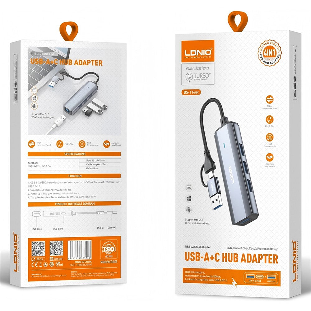 LDNIO DS-114UC USB-A + Type-C to 4-Port USB3.0 Hub 5Gbps High Speed Splitter Adapter for Laptop