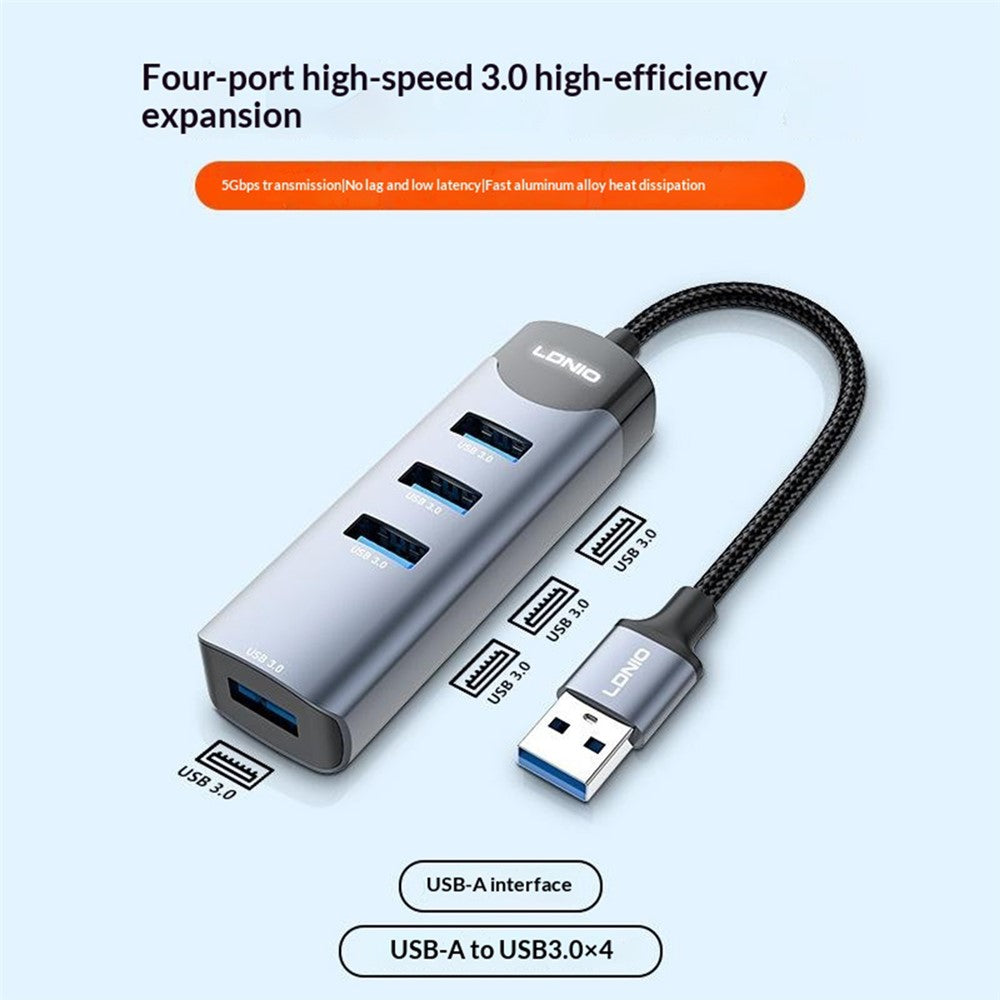 LDNIO DS-134U USB-A to 4-Port USB 3.0 Hub with 10cm Cable 5Gbps High Speed Data Transfer Adapter