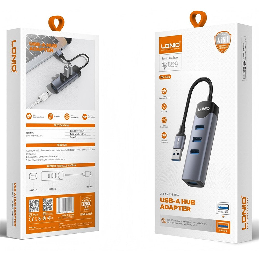 LDNIO DS-134U USB-A to 4-Port USB 3.0 Hub with 10cm Cable 5Gbps High Speed Data Transfer Adapter
