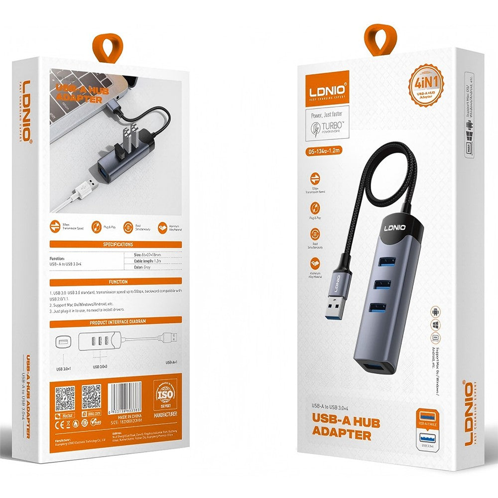 LDNIO DS-134U USB-A to 4-Port USB 3.0 Hub with 1.2m Cable 5Gbps High Speed Data Transfer Adapter