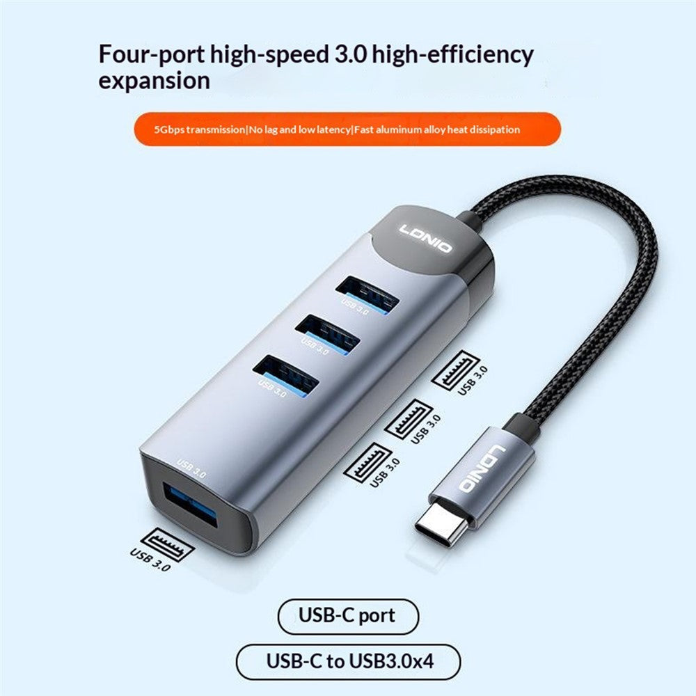 LDNIO DS-134C USB-C to 4-Port USB 3.0 Hub 5Gbps High Speed Data Transfer Adapter for MacBook Laptop