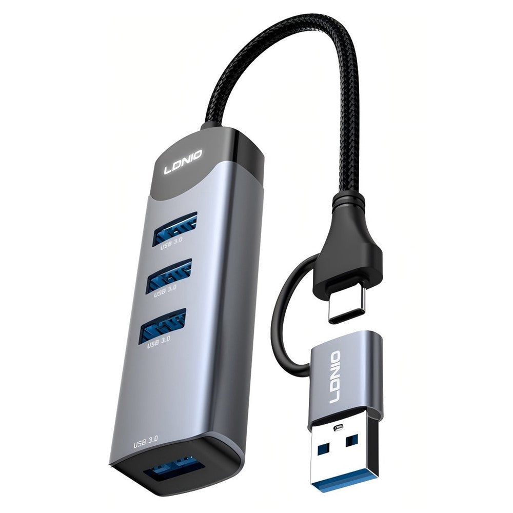 LDNIO DS-134UC USB-A + Type-C to 4-Port USB 3.0 Hub 5Gbps High Speed Data Transfer Aluminum Alloy Adapter