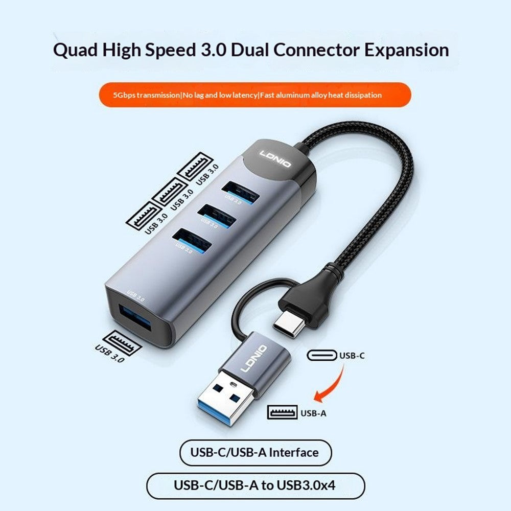 LDNIO DS-134UC USB-A + Type-C to 4-Port USB 3.0 Hub 5Gbps High Speed Data Transfer Aluminum Alloy Adapter