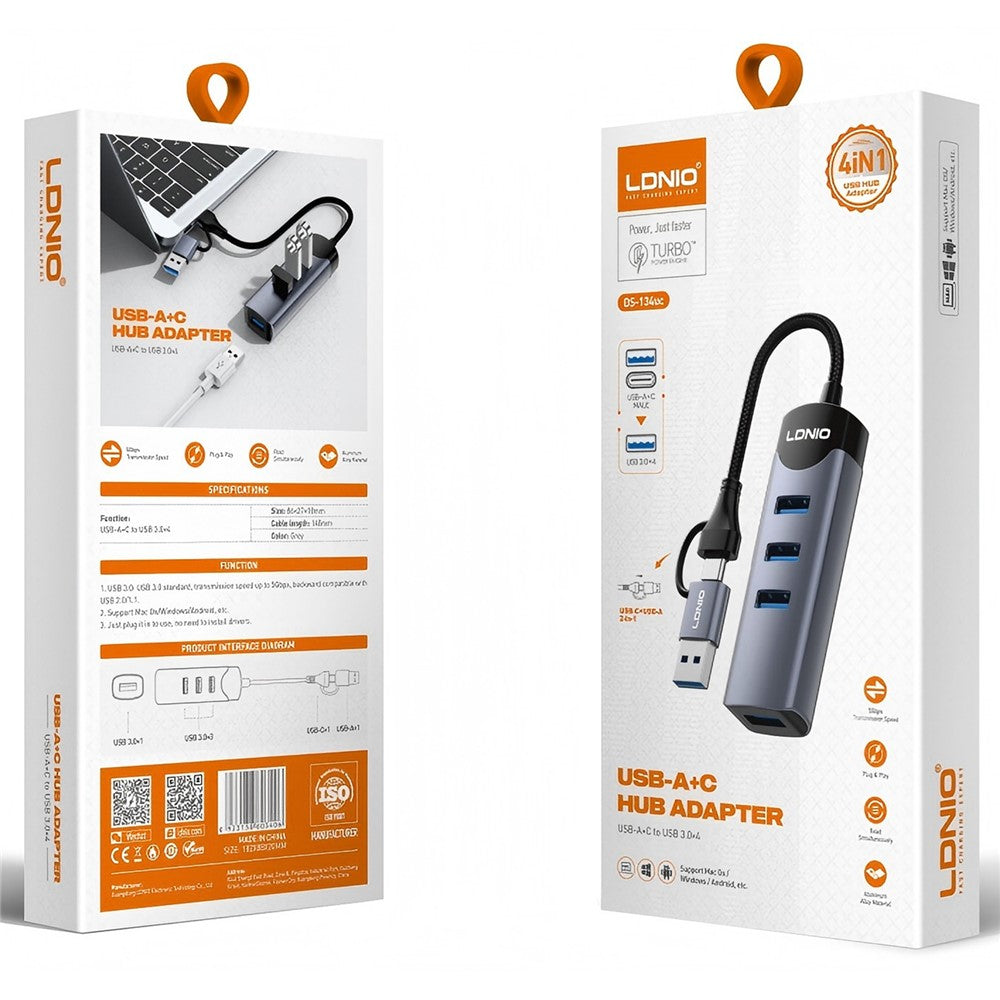 LDNIO DS-134UC USB-A + Type-C to 4-Port USB 3.0 Hub 5Gbps High Speed Data Transfer Aluminum Alloy Adapter