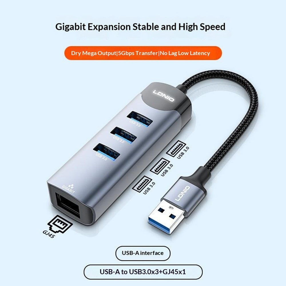 LDNIO DS-144U USB-A til 3x USB3.0-porte RJ45 Gigabit Ethernet Hub-adapter til bærbar pc