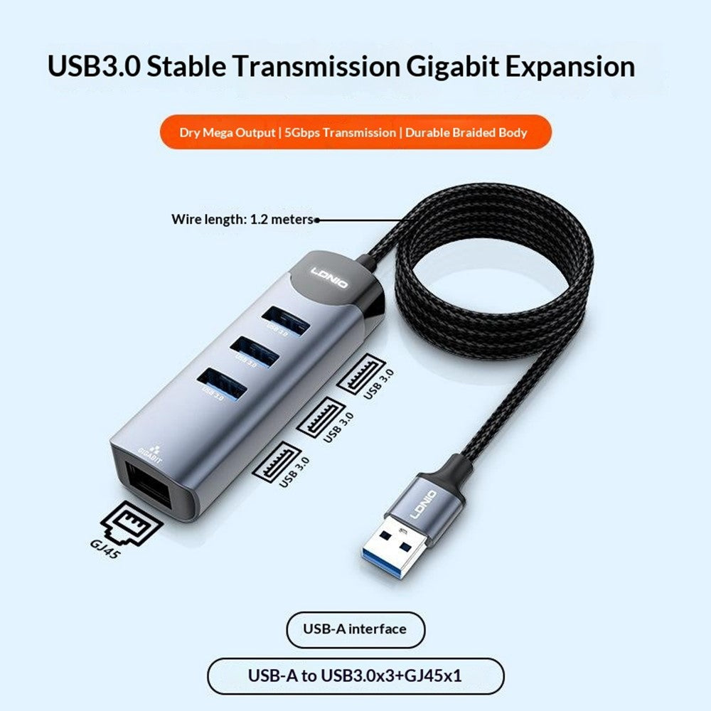 LDNIO DS-144U USB-A til 3-ports USB3.0 RJ45 Gigabit Ethernet Adapter Hub med 1,2 m kabel