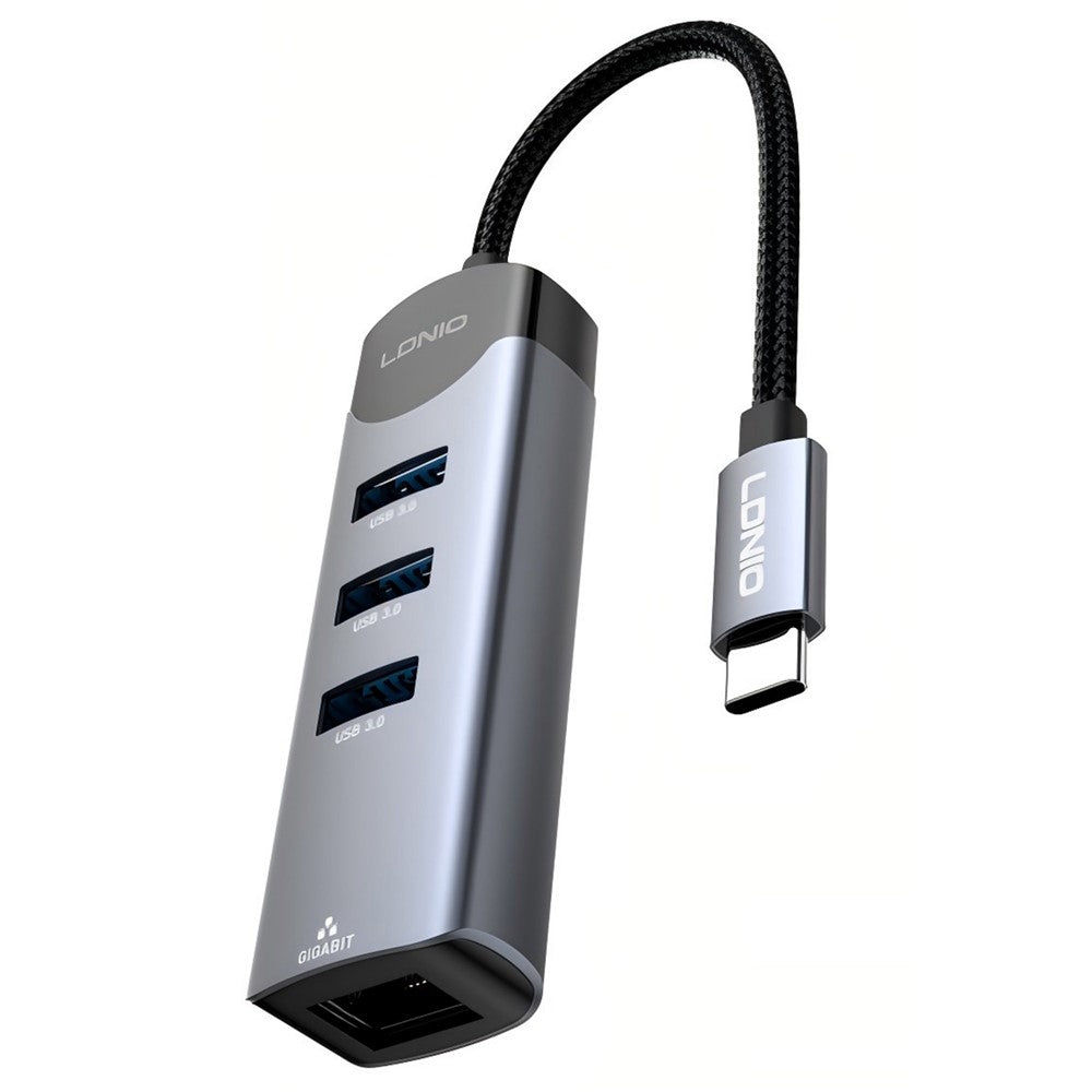 LDNIO DS-144C 4-i-1 USB-C Hub med 3 USB3.0-porte + RJ45 Gigabit Ethernet-adapter til bærbar computer