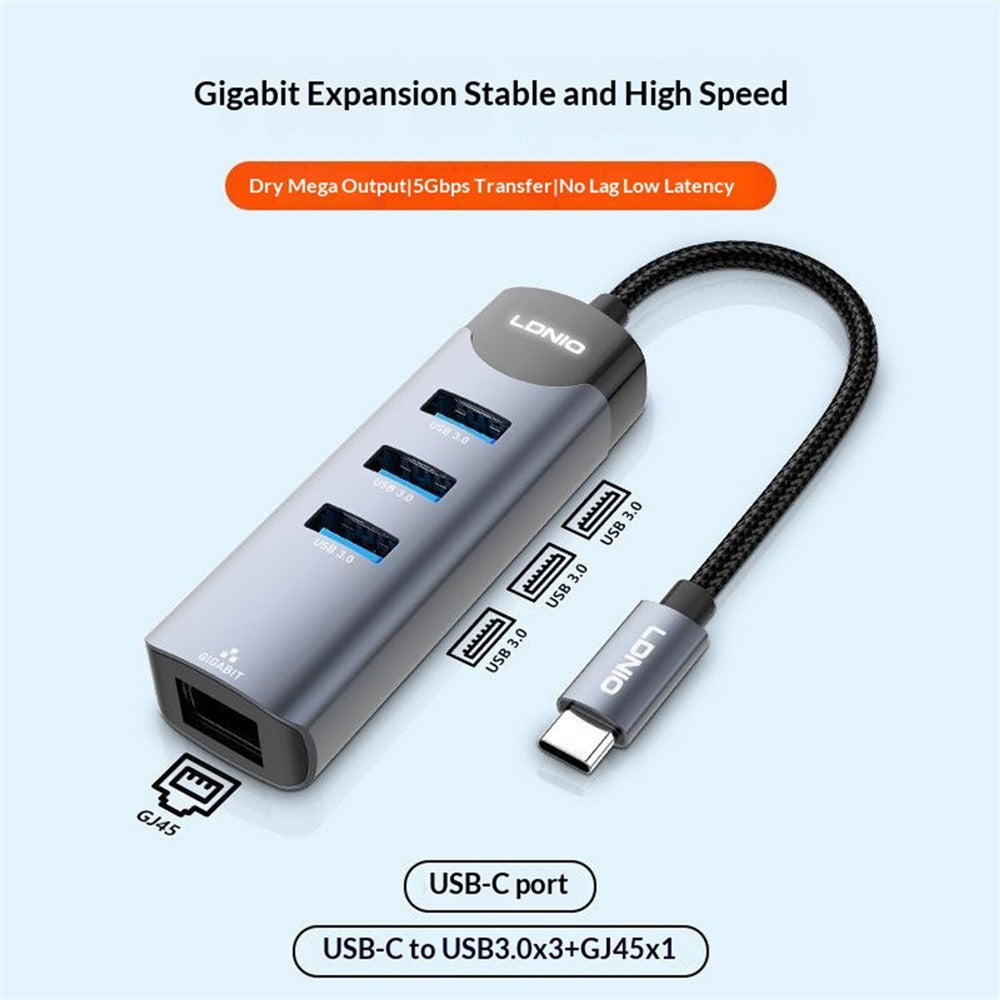 LDNIO DS-144C 4-i-1 USB-C Hub med 3 USB3.0-porte + RJ45 Gigabit Ethernet-adapter til bærbar computer
