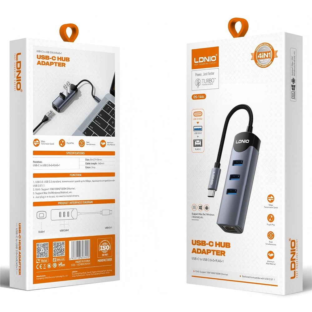 LDNIO DS-144C 4-i-1 USB-C Hub med 3 USB3.0-porte + RJ45 Gigabit Ethernet-adapter til bærbar computer
