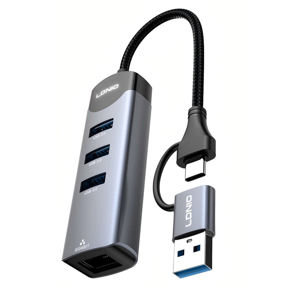 LDNIO DS-144UC USB-C + USB-A til 3-ports USB3.0 Splitter Hub RJ45 Gigabit Ethernet Adapter