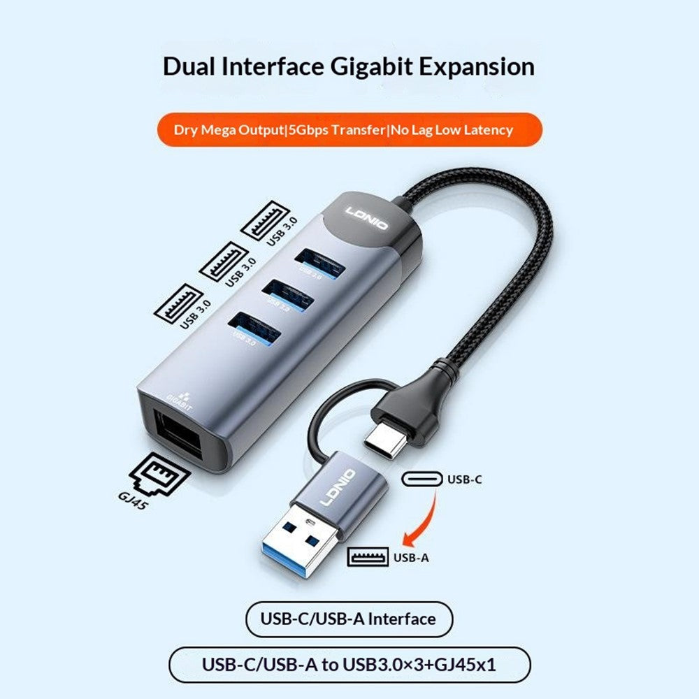 LDNIO DS-144UC USB-C + USB-A til 3-ports USB3.0 Splitter Hub RJ45 Gigabit Ethernet Adapter