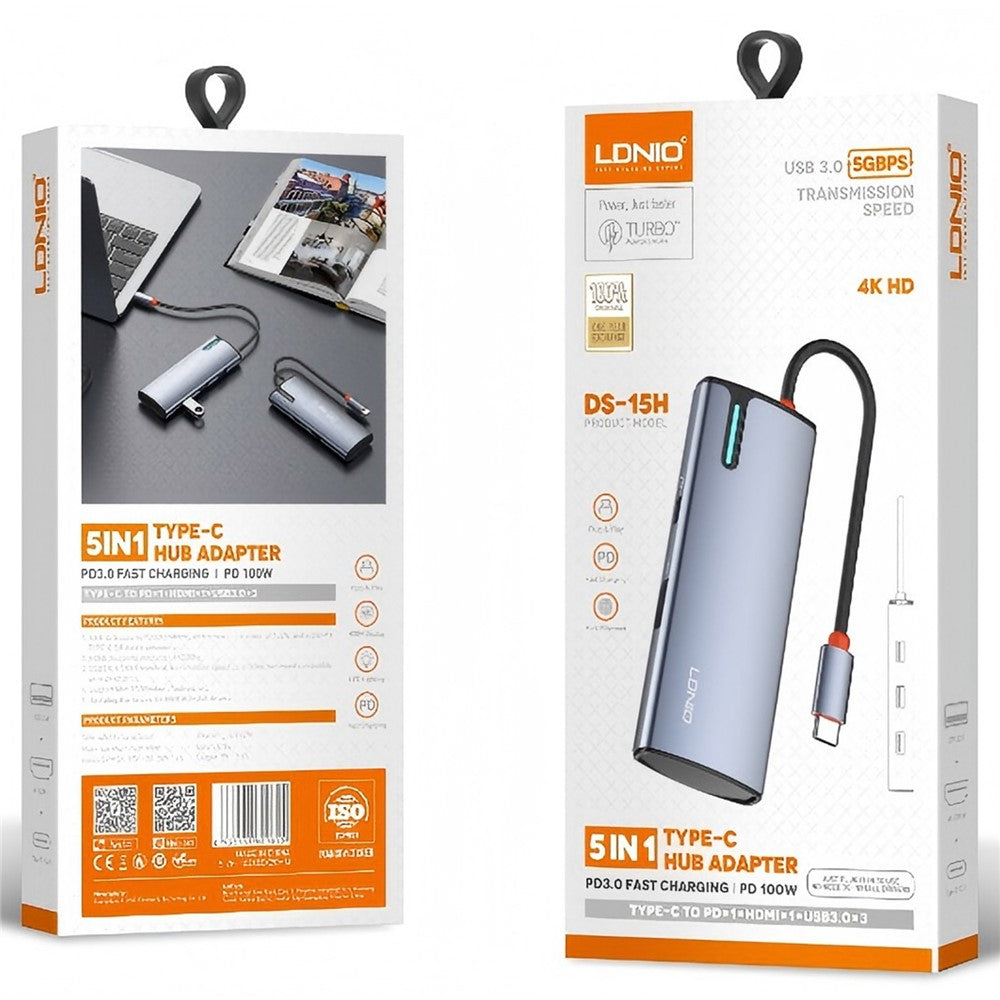 LDNIO DS-15H 5 in 1 Type-C Hub PD 100W Fast Charging 4K HD 3x USB 3.0 Docking Station