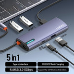 LDNIO DS-15U 5-i-1 Type-C Hub i aluminiumlegering PD 100W Hurtigopladning 4x USB 3.0 Splitteradapter