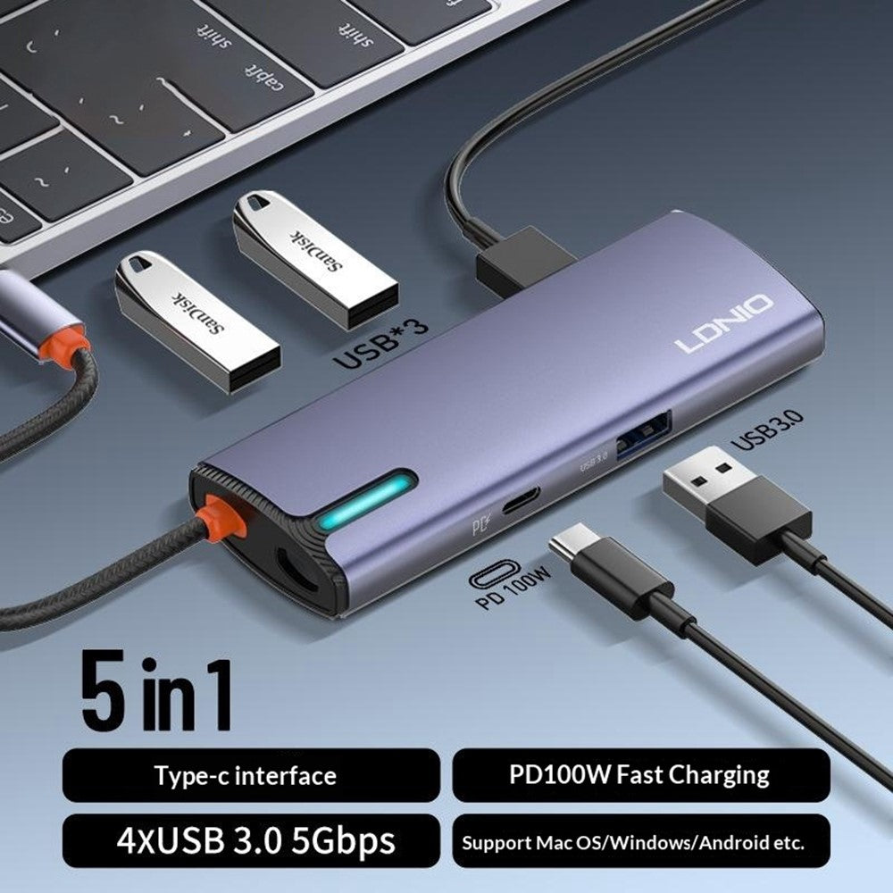 LDNIO DS-15U 5-i-1 Type-C Hub i aluminiumlegering PD 100W Hurtigopladning 4x USB 3.0 Splitteradapter