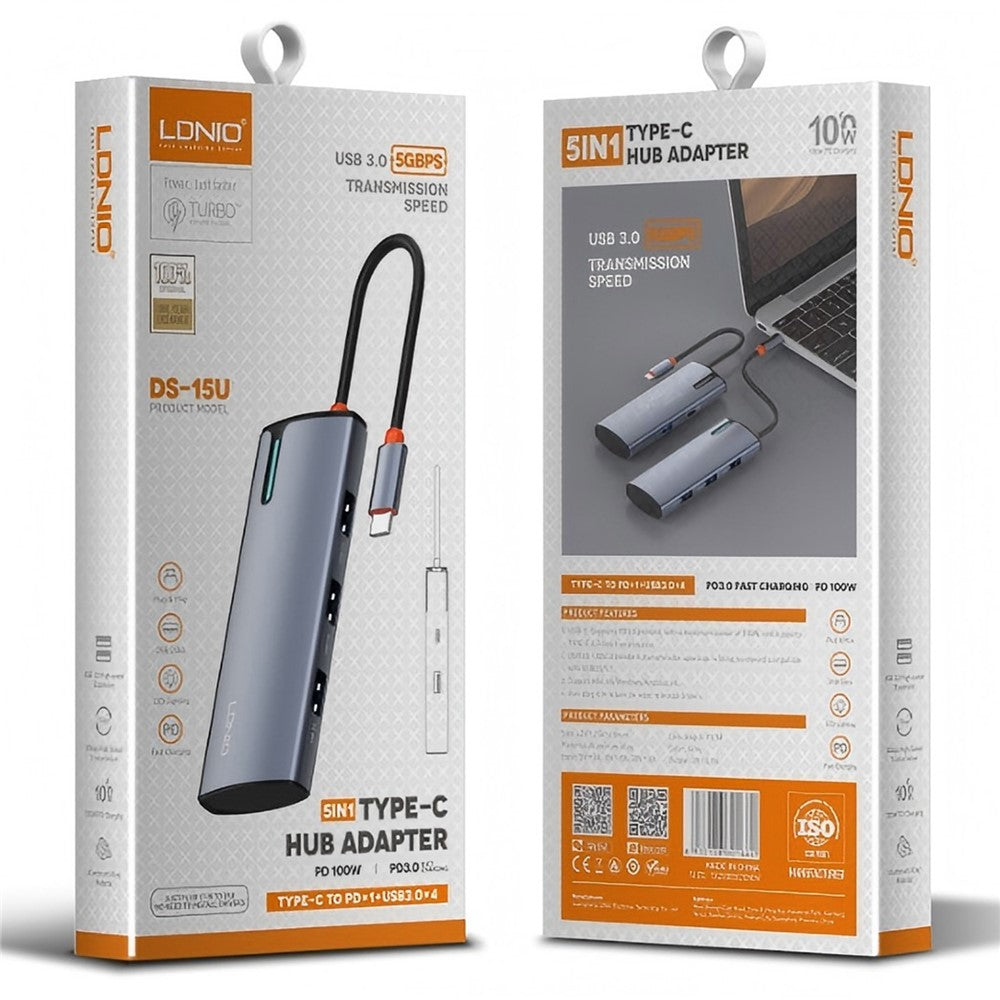 LDNIO DS-15U 5-i-1 Type-C Hub i aluminiumlegering PD 100W Hurtigopladning 4x USB 3.0 Splitteradapter