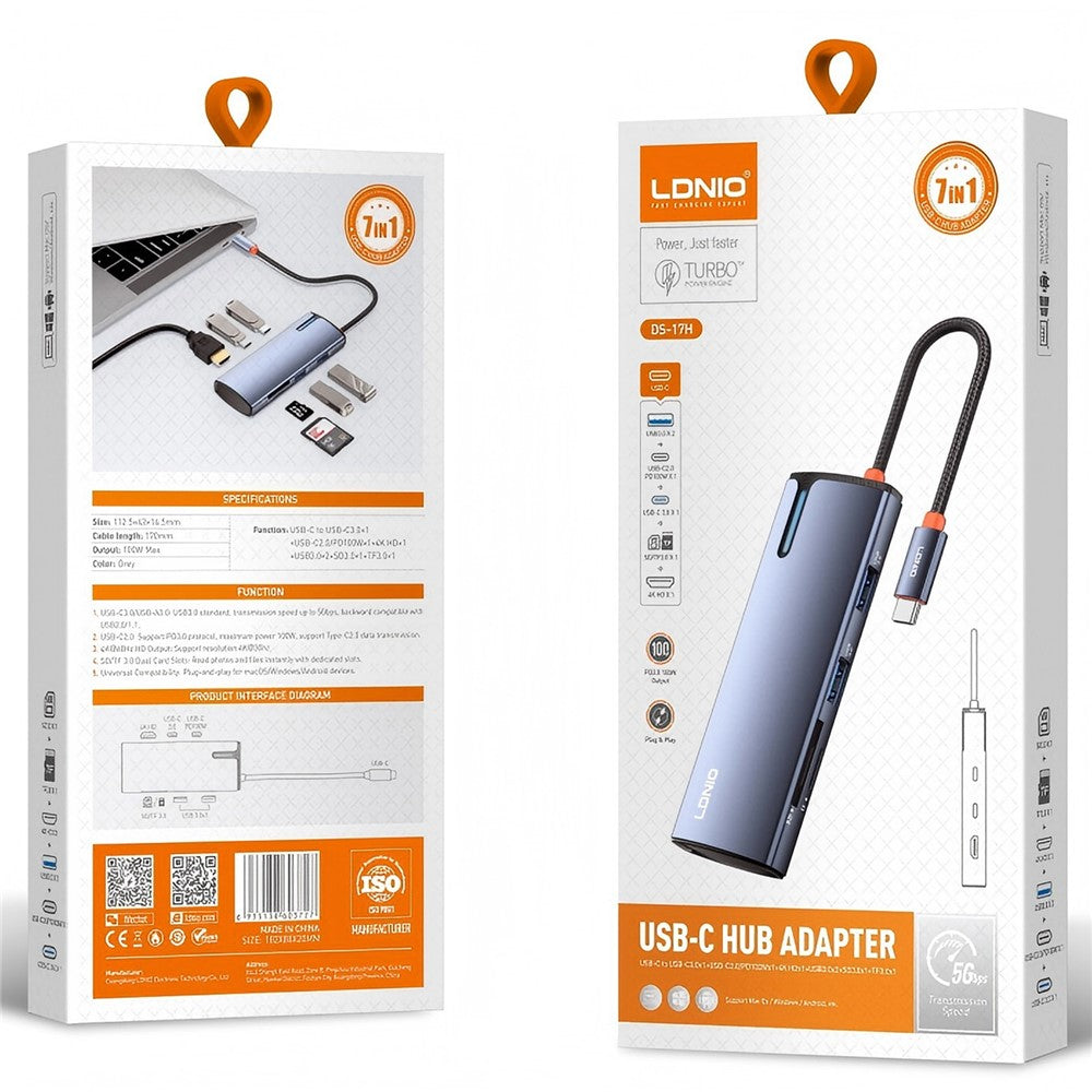 LDNIO DS-17H USB-C Hub 7 in 1 4K HD PD 100W Fast Charging USB3.0 SD TF Card Reader