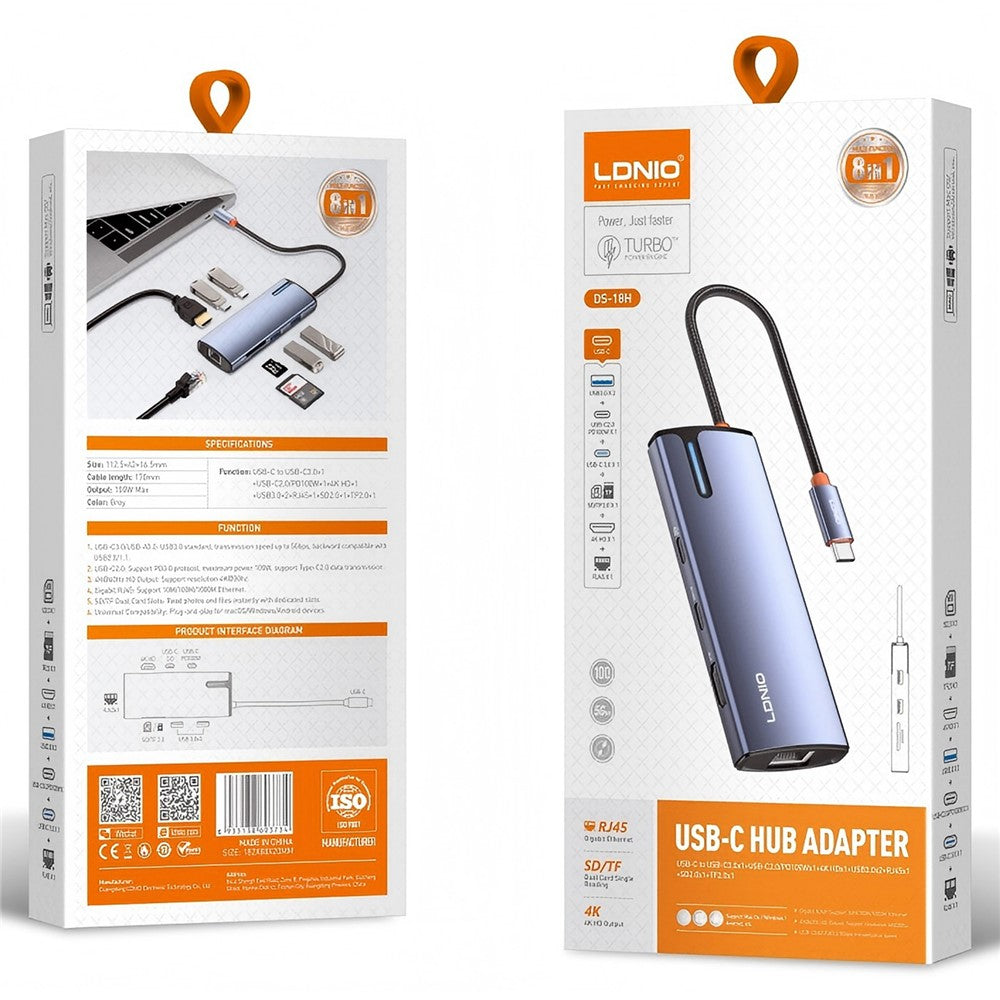 LDNIO DS-18H 8-in-1 USB-C Hub PD 100W Fast Charging 4K / 30Hz HD Gigabit Ethernet Adapter SD / TF Card Reader
