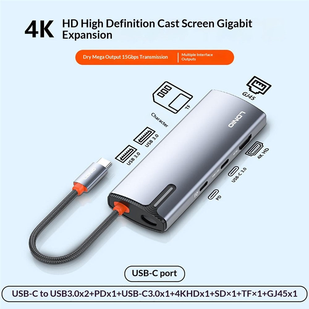 LDNIO DS-18H 8-in-1 USB-C Hub PD 100W Fast Charging 4K / 30Hz HD Gigabit Ethernet Adapter SD / TF Card Reader