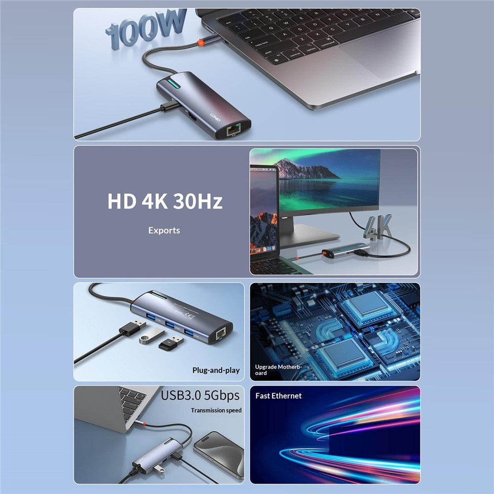 LDNIO DS-18H 8-in-1 USB-C Hub PD 100W Fast Charging 4K / 30Hz HD Gigabit Ethernet Adapter SD / TF Card Reader