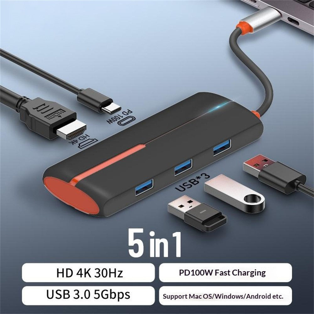 LDNIO DS-25H Type-C Hub 5-in-1 HD 4K 30Hz PD 100W Fast Charging 3 USB3.0 Splitter Adapter