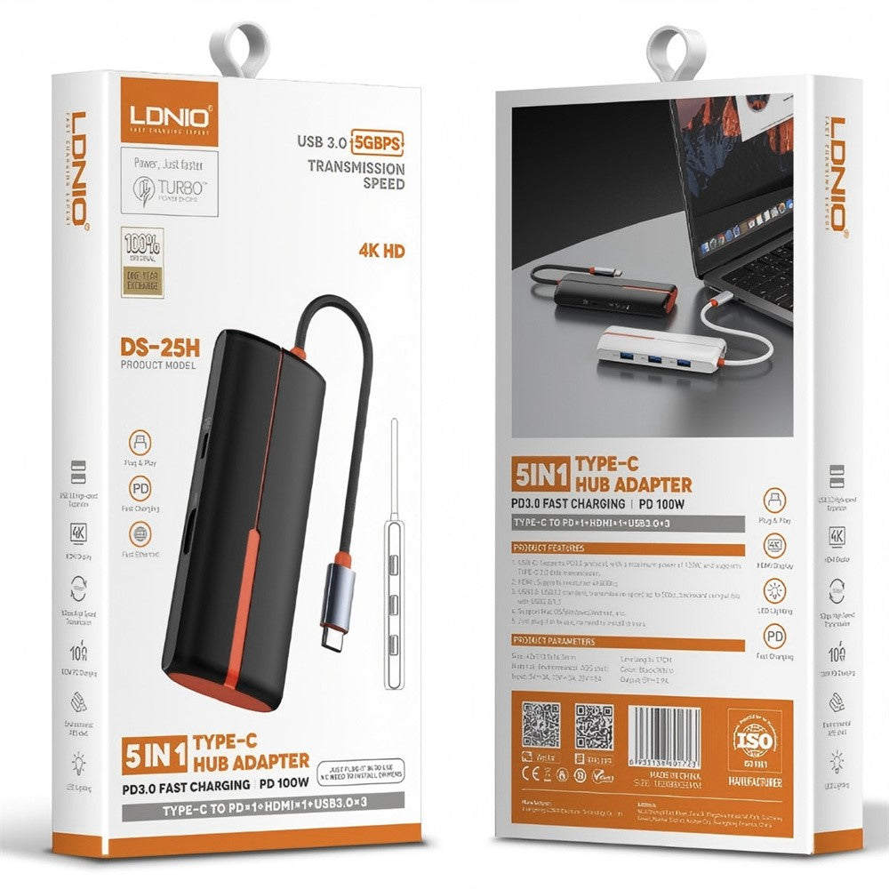LDNIO DS-25H Type-C Hub 5-in-1 HD 4K 30Hz PD 100W Fast Charging 3 USB3.0 Splitter Adapter
