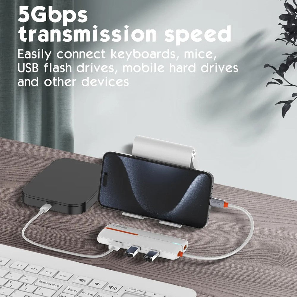 LDNIO DS-25U Type-C Hub 5 in 1 PD 100W Fast Charging 5Gbps High Speed USB 3.0 Adapter