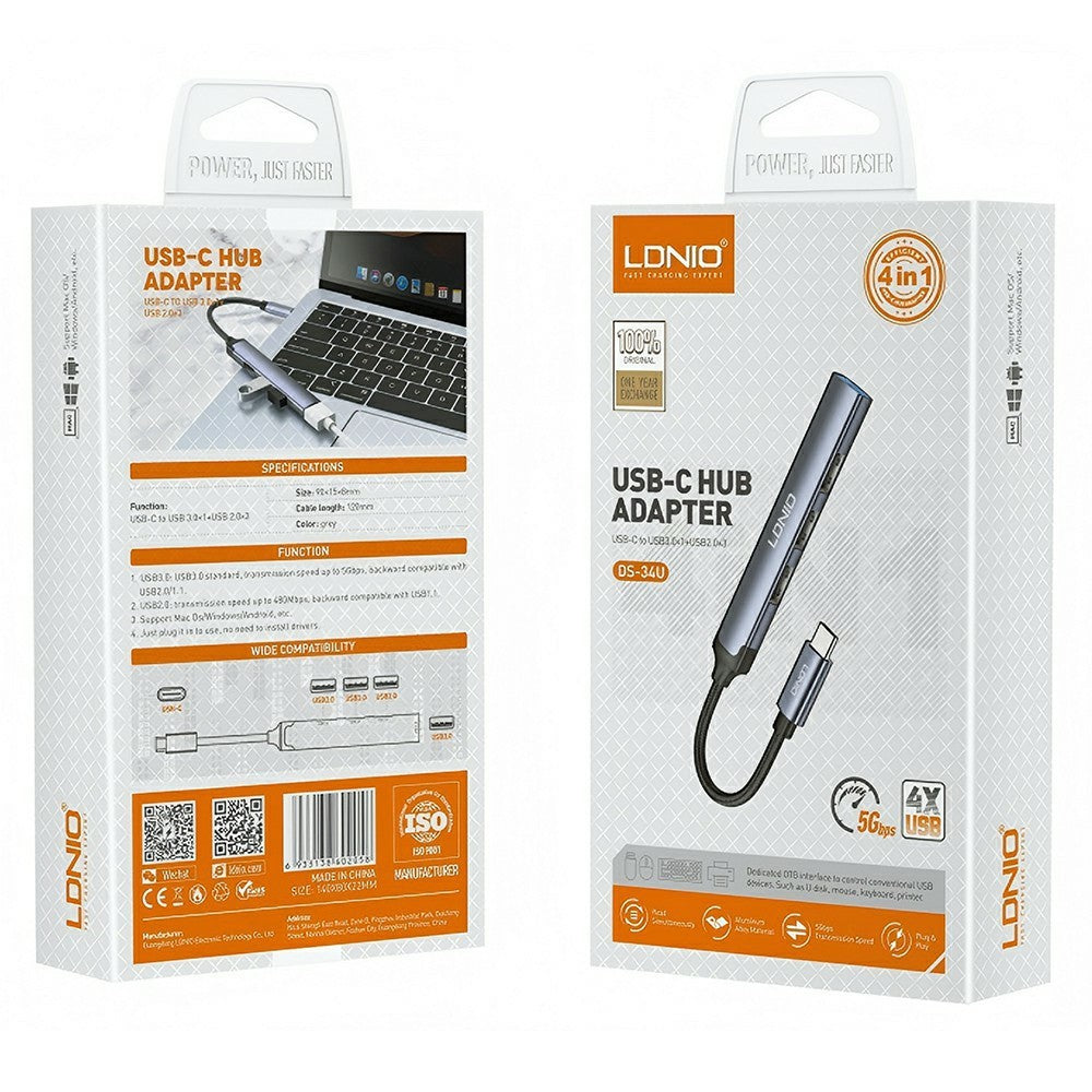 LDNIO DS-34U 4 in 1 USB-C Hub Type-C to USB 3.0 + 3 USB 2.0 Adapter for Laptop Desktop