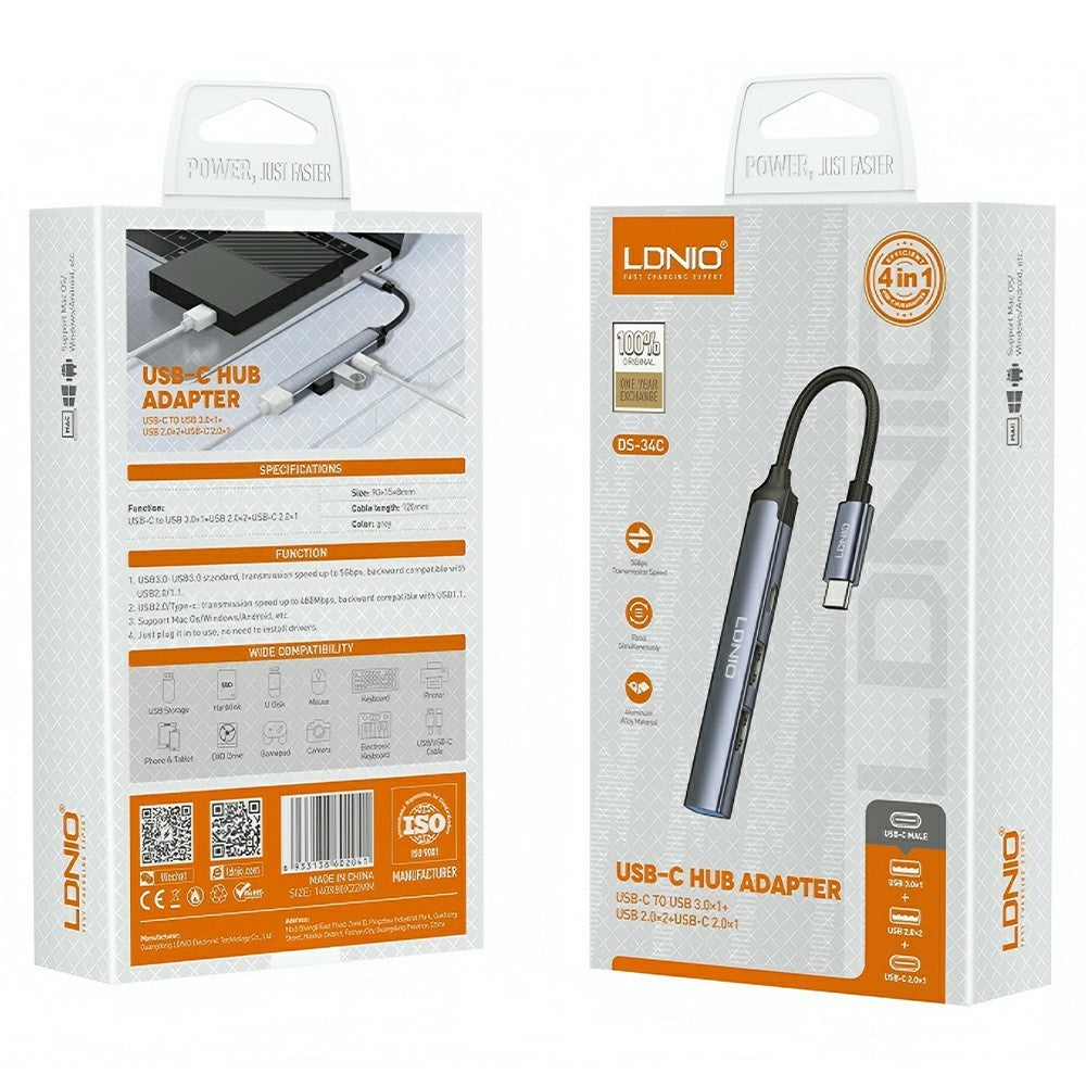 LDNIO DS-34C USB-C Hub 4 in 1 Adapter Type-C to USB3.0 5Gbps + 2 USB2.0 + Type-C Splitter for Laptop Tablet