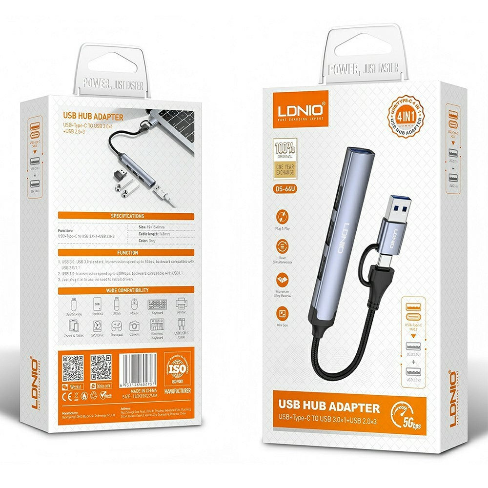 LDNIO DS-64U 4 in 1 USB Hub Type-C / USB-A to USB 3.0+ 3 USB 2.0 Output Adapter for Laptop Desktop