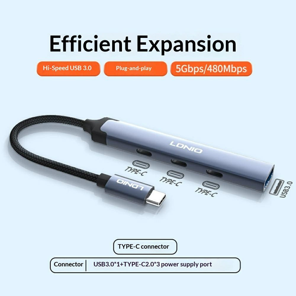 LDNIO DS-74C 4 in 1 USB-C Hub USB 3.0 + 3x Type-C 2.0 Adapter for Laptop Tablet Phone
