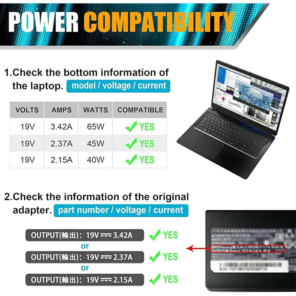 65W 19V 3.42A Laptop Charger Adapter for Acer Chromebook 14 / 15 / R11 / Aspire 1
