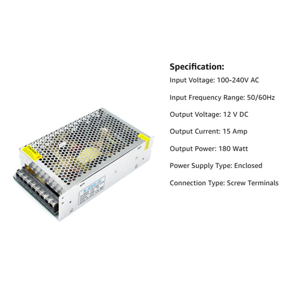 110V / 220V to DC 12V 15A 180W Converter Enclosed Switching Power Supply for CCTV Camera Security System LED Strip
