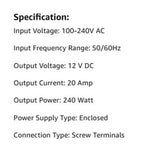 110V / 220V to DC 12V 20A 240W Converter Enclosed Switching Power Supply for CCTV Camera Security System LED Strip
