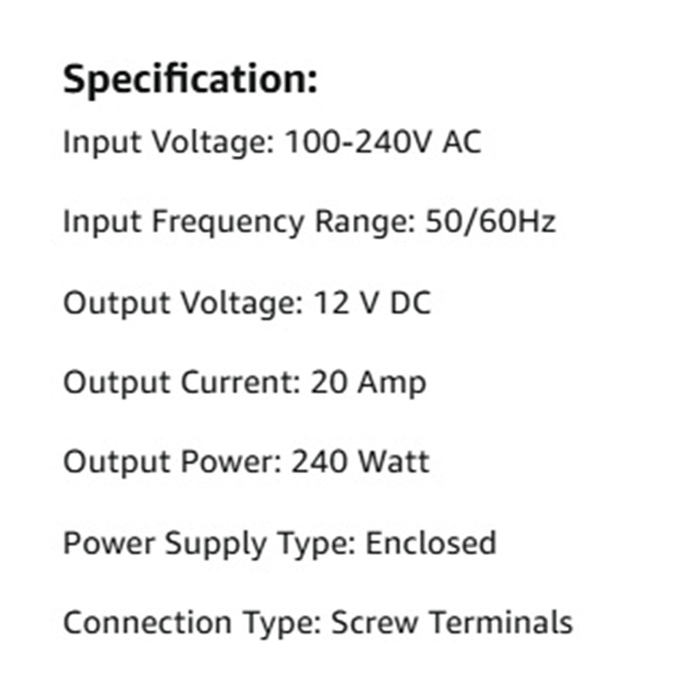 110V / 220V to DC 12V 20A 240W Converter Enclosed Switching Power Supply for CCTV Camera Security System LED Strip