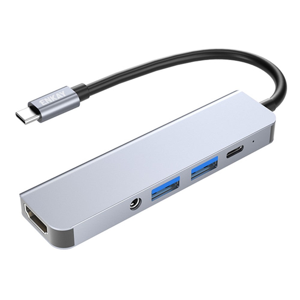 ENKAY HAT PRINCE 5-i-1 USB-C Hub Dockingstation Type-C til HD 4K Dual USB3.0 3,5 mm lydstik PD 60W Hurtig Opladning