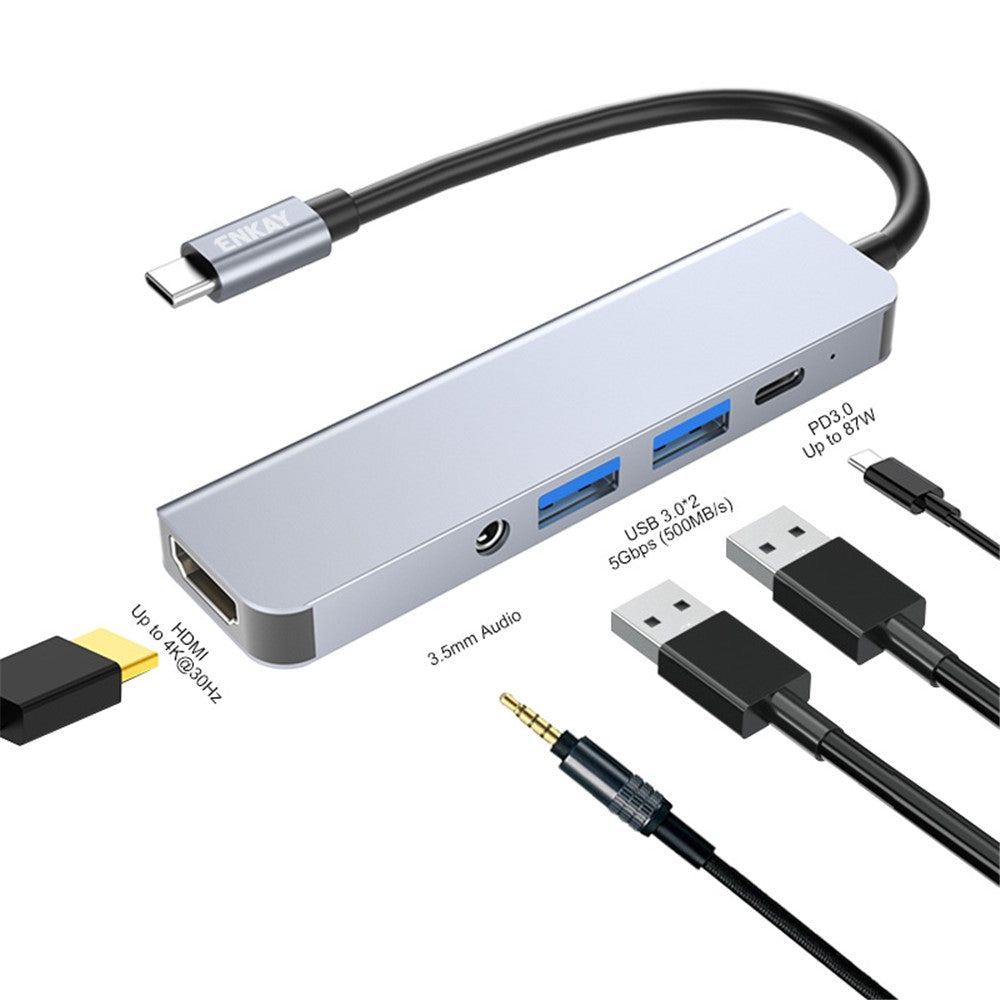 ENKAY HAT PRINCE 5-i-1 USB-C Hub Dockingstation Type-C til HD 4K Dual USB3.0 3,5 mm lydstik PD 60W Hurtig Opladning