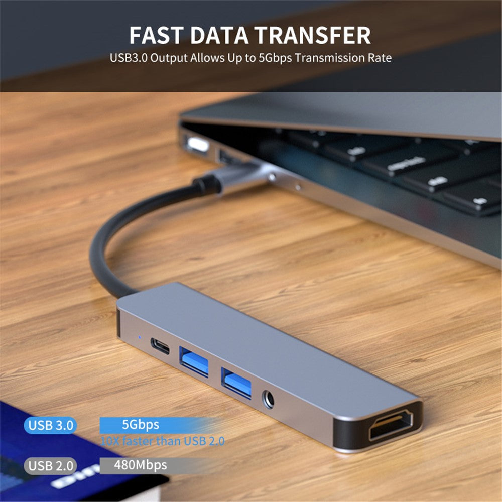 ENKAY HAT PRINCE 5-i-1 USB-C Hub Dockingstation Type-C til HD 4K Dual USB3.0 3,5 mm lydstik PD 60W Hurtig Opladning