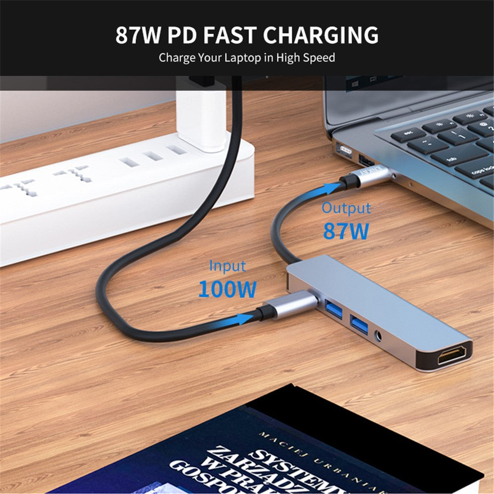 ENKAY HAT PRINCE 5-i-1 USB-C Hub Dockingstation Type-C til HD 4K Dual USB3.0 3,5 mm lydstik PD 60W Hurtig Opladning