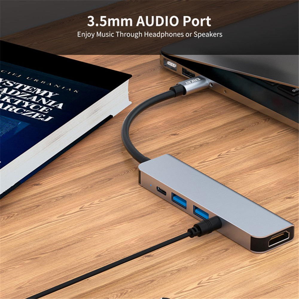 ENKAY HAT PRINCE 5-i-1 USB-C Hub Dockingstation Type-C til HD 4K Dual USB3.0 3,5 mm lydstik PD 60W Hurtig Opladning
