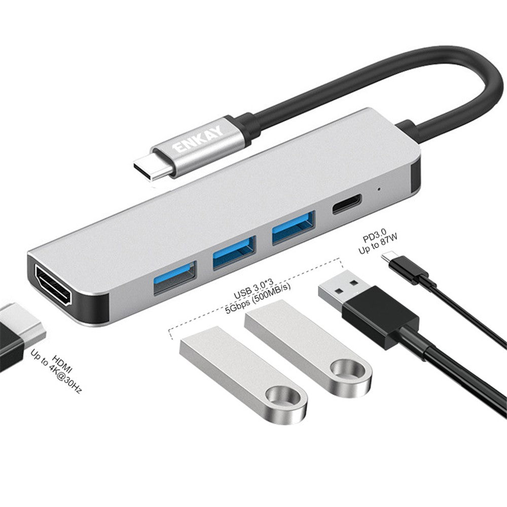 ENKAY HAT PRINCE 5-in-1 Type-C Hub to 4K HD Video Output+3xUSB3.0+PD Fast Charging USB-C Dock Station for Laptop PC