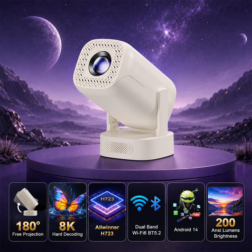 V5 Portable Smart Projector 8K Video Decoding Android 14 Dual Band WiFi6 Bluetooth-compatible 5.2 KTV Karaoke Home Theater