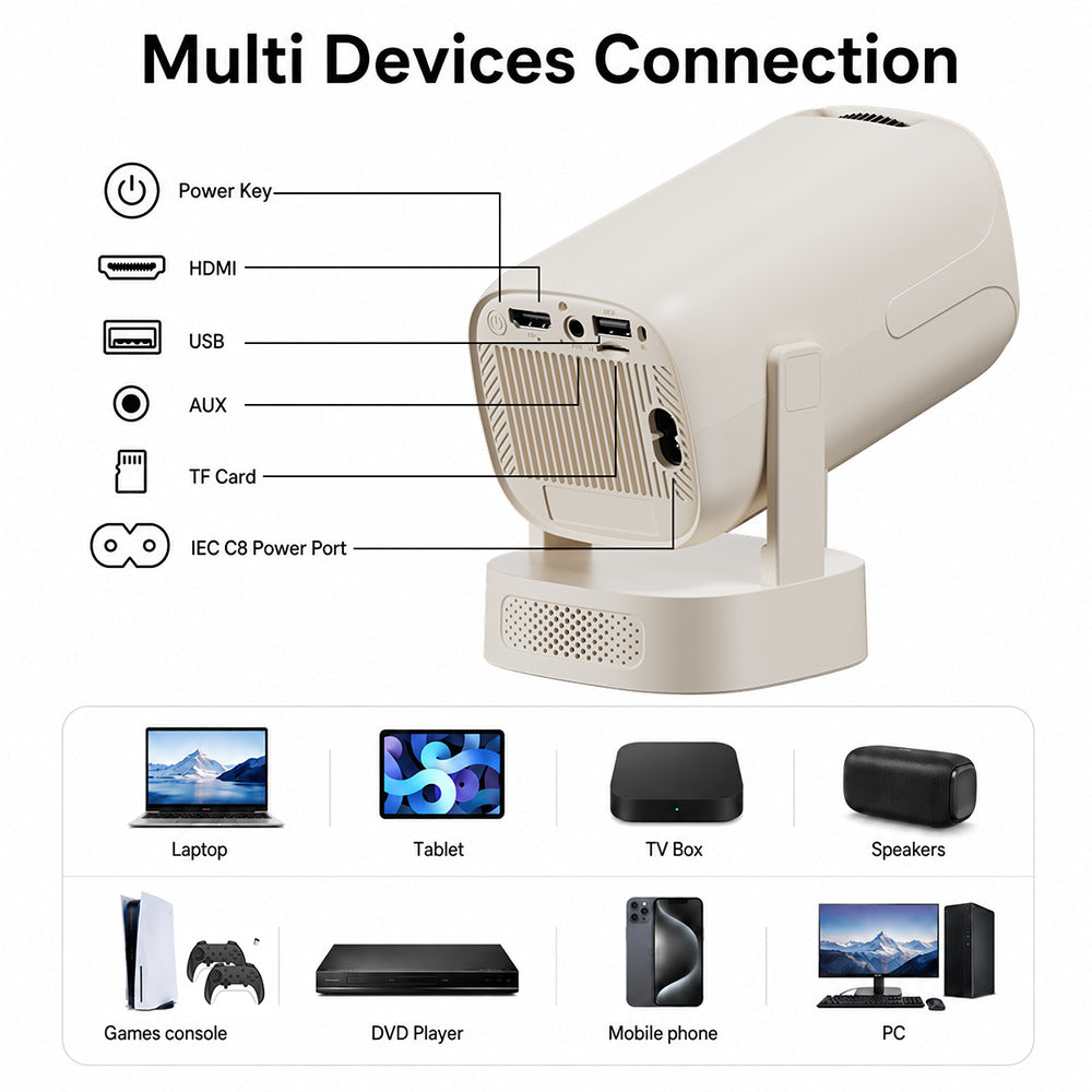 V5 Portable Smart Projector 8K Video Decoding Android 14 Dual Band WiFi6 Bluetooth-compatible 5.2 KTV Karaoke Home Theater